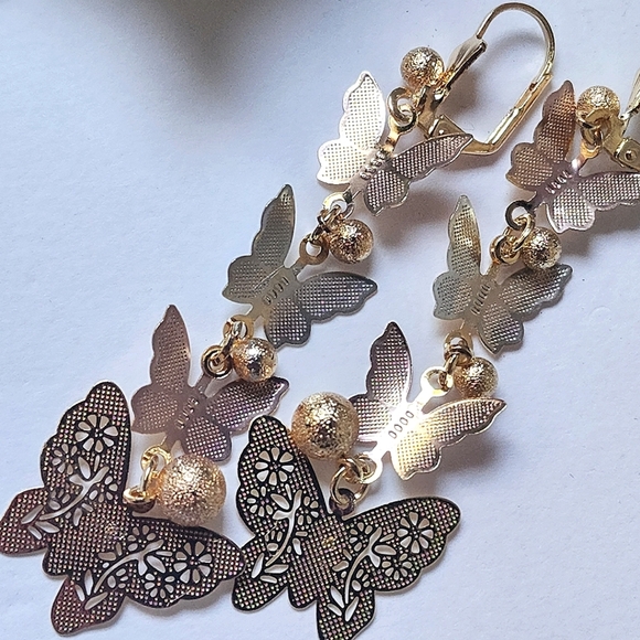 Gold Filled Tri Color Butterfly Dangle Earrings - Picture 3 of 5